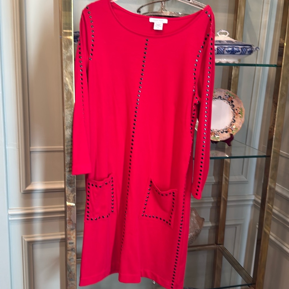 Joan Vass detailed red knit dress. Sz L 100% cotton